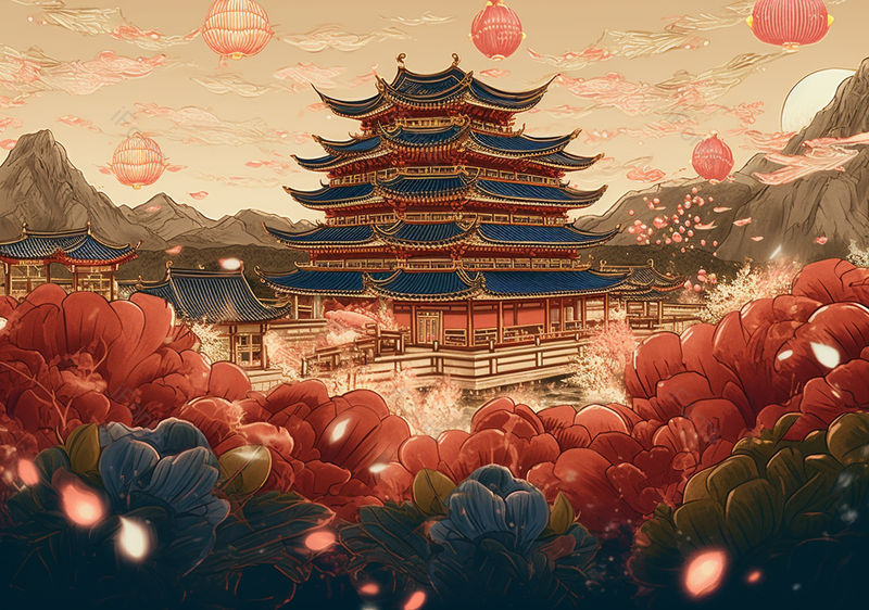 古建筑国潮节日孔明灯背景插画,插画/手绘图,插画/手绘图库,插画/手绘图下载,插画/手绘